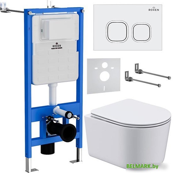 Унитаз подвесной Roxen Simple Compact в комплекте с инсталляцией StounFix Dual Fresh 6 в 1 916803 (кнопка: белый глянец) - фото