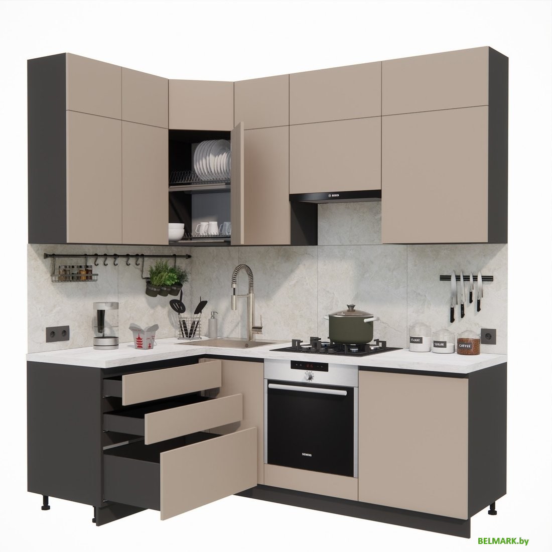 Готовая кухня ВерсоМебель Эко Премиум 1.4x2.2 левая (глиняный серый/ст. мрамор лацио) - фото2