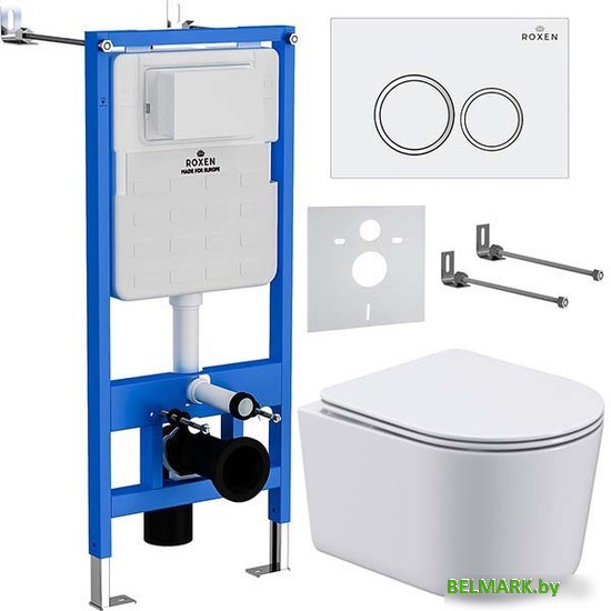 Унитаз подвесной Roxen Simple Compact в комплекте с инсталляцией StounFix Dual Fresh 6 в 1 906789 (кнопка: белый глянец) - фото