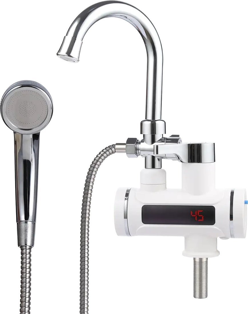 Проточный электрический водонагреватель кран+душ Unipump BEF-001-03 с дисплеем и душевой лейкой - фото