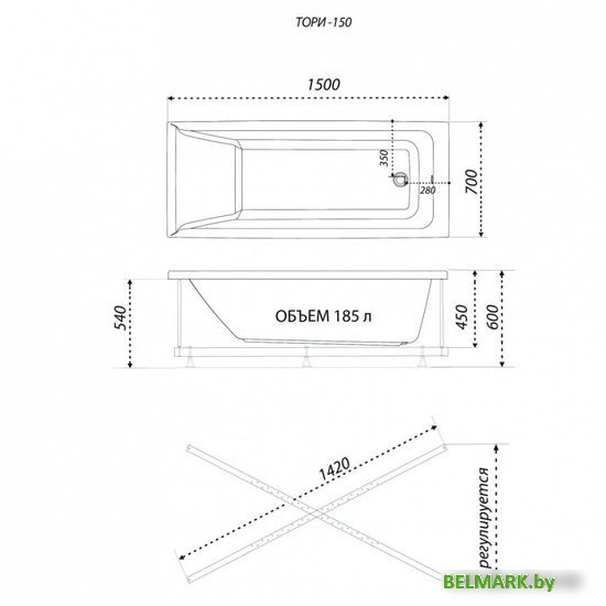 Ванна 1AcReal Тори 150х70 (с каркасом) - фото2