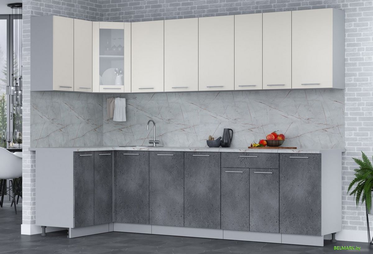 Готовая кухня Интерлиния Мила 12x28 (персидский жемчуг/бетон портленд/серый каспий) - фото2