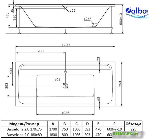 Ванна Alba Spa Barselona 2.0 180x80 (с ножками) - фото2