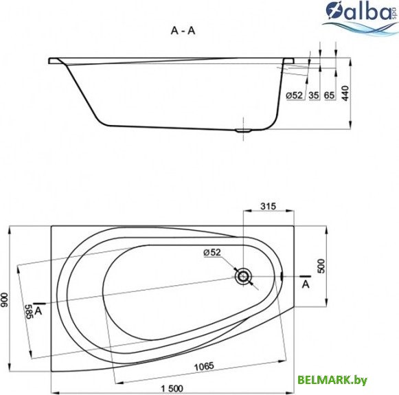 Ванна Alba Spa Baline Asymmetric 150x90 L (с ножками) - фото2