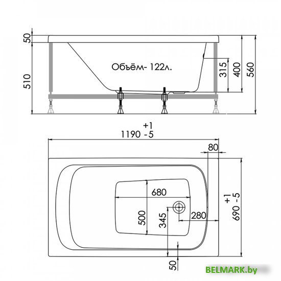 Ванна 1AcReal Gamma 120x70 (с ножками и экраном) - фото2
