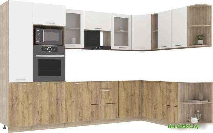 Готовая кухня Интерлиния Мила 1.88x3.2 правая без столешницы (белый платинум/дуб золотой) - фото