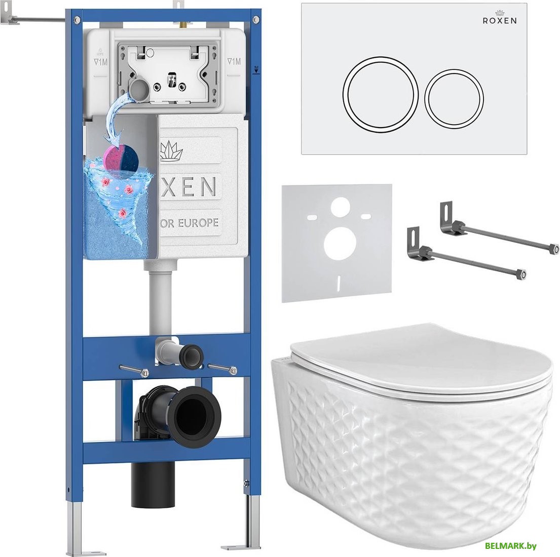 Унитаз подвесной Roxen Vine Tornado в комплекте с инсталляцией StounFix Dual Fresh 6 в 1 979007 (кнопка: белый глянцевый) - фото