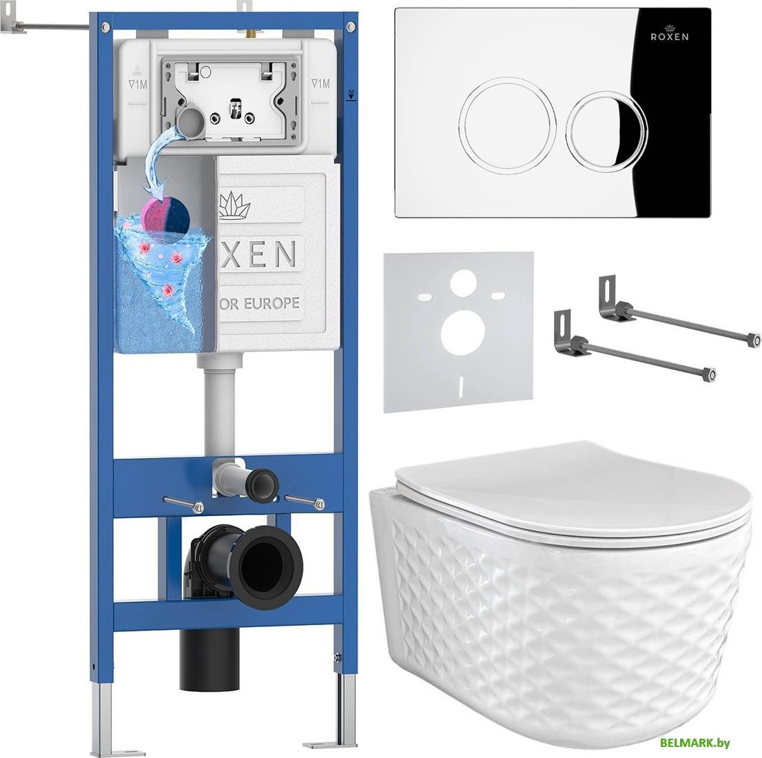 Унитаз подвесной Roxen Vine Tornado в комплекте с инсталляцией StounFix Dual Fresh 6 в 1 979009 (кнопка: хром глянцевый) - фото