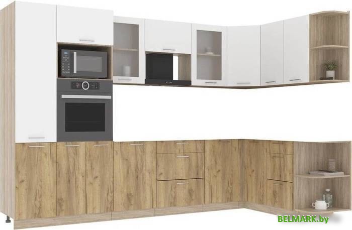 Готовая кухня Интерлиния Мила 1.68x3.2 правая без столешницы (белый платинум/дуб золотой) - фото