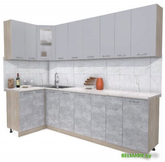 Готовая кухня Интерлиния Мила 12x28 (серебристый-бетон-бискайская сосна) - фото