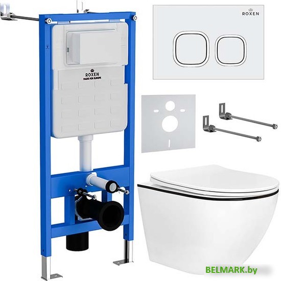 Унитаз подвесной Roxen Antares Black в комплекте с инсталляцией StounFix Dual Fresh 6 в 1 964671 (кнопка: белый глянец) - фото