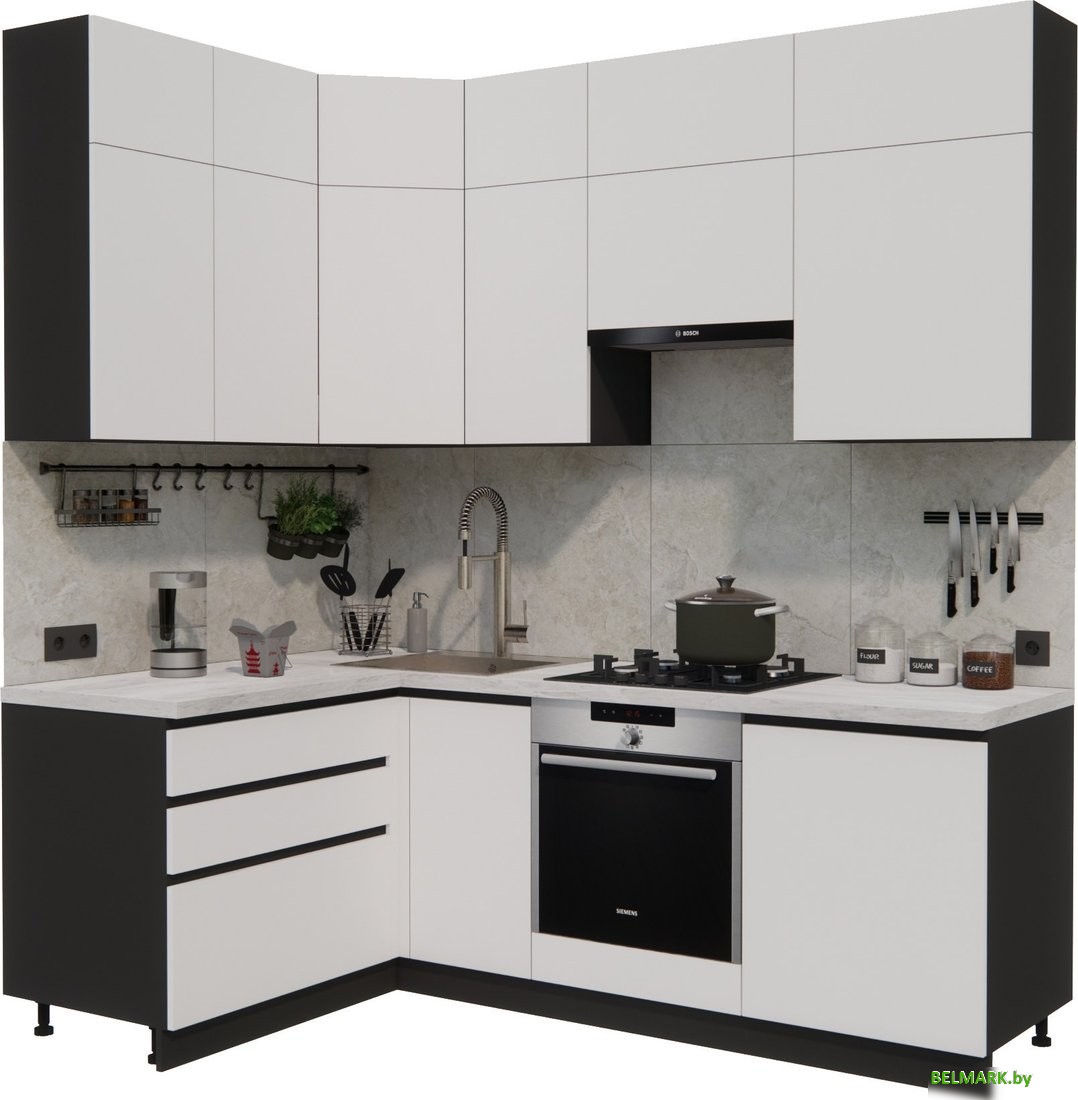 Готовая кухня ВерсоМебель Эко Премиум 1.4x2.2 левая (белый фасадный/ст. мрамор лацио) - фото