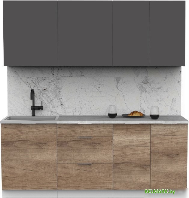 Готовая кухня Интермебель Микс Топ-5 2.0м (графит серый/дуб каньон/мрамор лацио белый) - фото