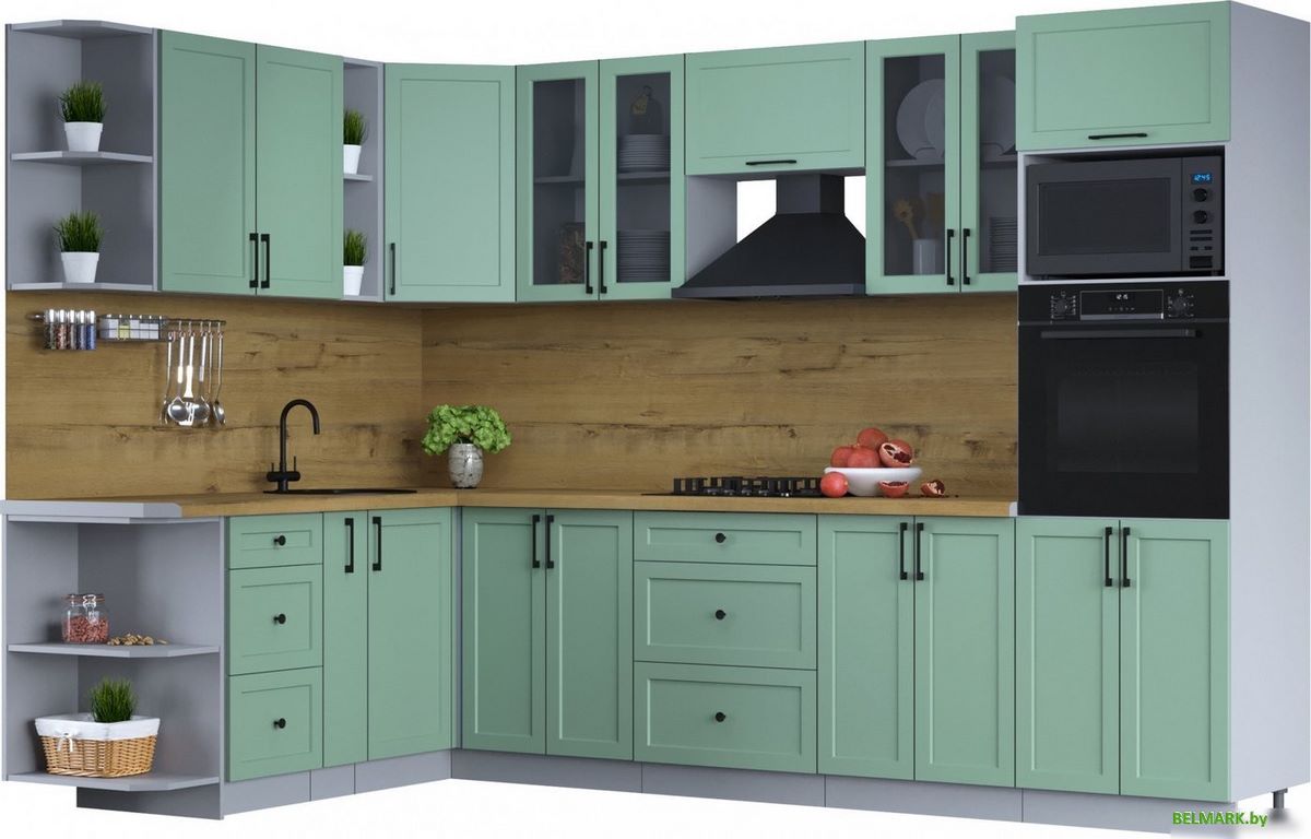 Готовая кухня Интерлиния Тренд 1.88x3.0 ВТ левая (мята/мята/дуб бунратти) - фото