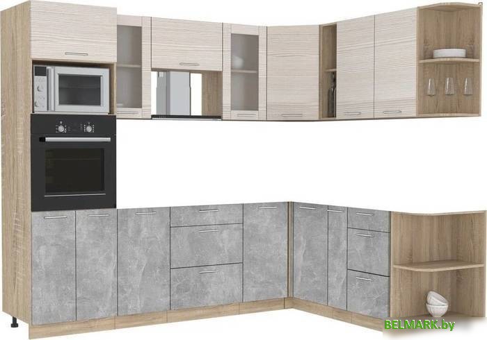 Готовая кухня Интерлиния Мила 1.88x2.6 правая без столешницы (вудлайн кремовый/бетон) - фото