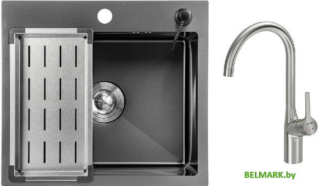 Кухонная мойка Saniteco 5045 Nano + смеситель Spike (с сифоном, дозатором и коландером) - фото