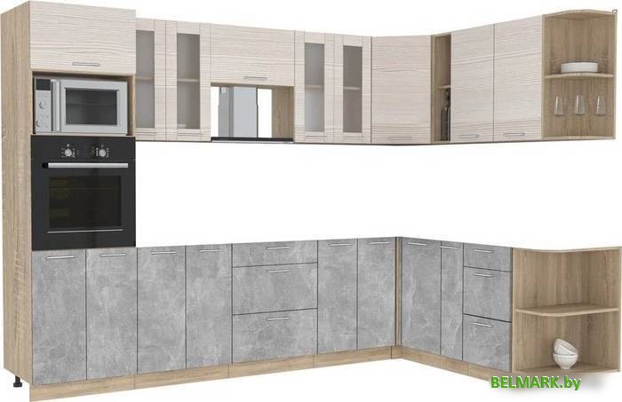 Готовая кухня Интерлиния Мила 1.88x3.0 правая без столешницы (вудлайн кремовый/бетон) - фото