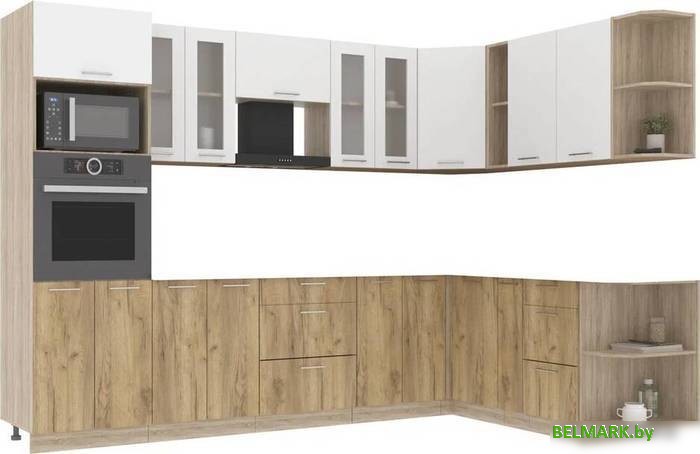 Готовая кухня Интерлиния Мила 1.88x3.0 правая без столешницы (белый платинум/дуб золотой) - фото