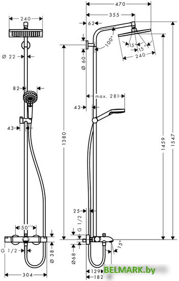 Душевая система Hansgrohe Crometta E 240 1jet Showerpipe [27298000] - фото2