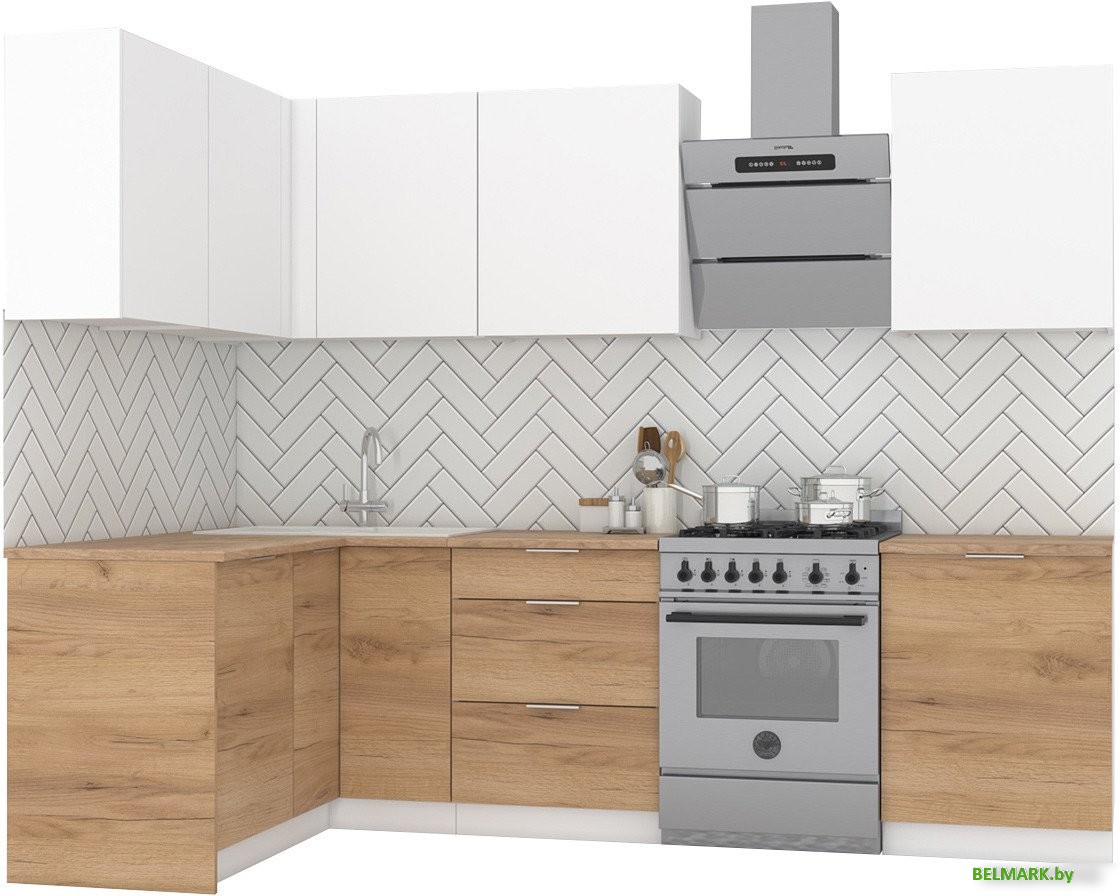 Готовая кухня Интермебель Микс Топ-23 2.1x1.42м левая (белый премиум/дуб крафт золотой/венато) - фото