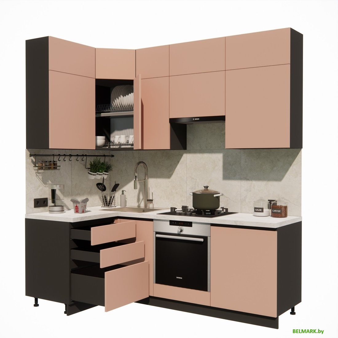 Готовая кухня ВерсоМебель Эко Премиум 1.2x2.2 левая (пудровый/ст. мрамор лацио) - фото2