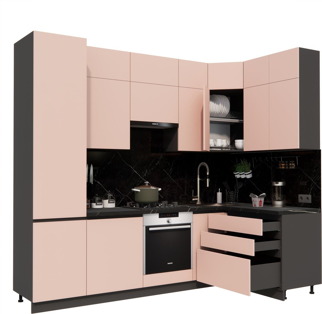 Готовая кухня ВерсоМебель Эко Премиум 1.4x2.7 правая (пудровый/ст. тунис) - фото2