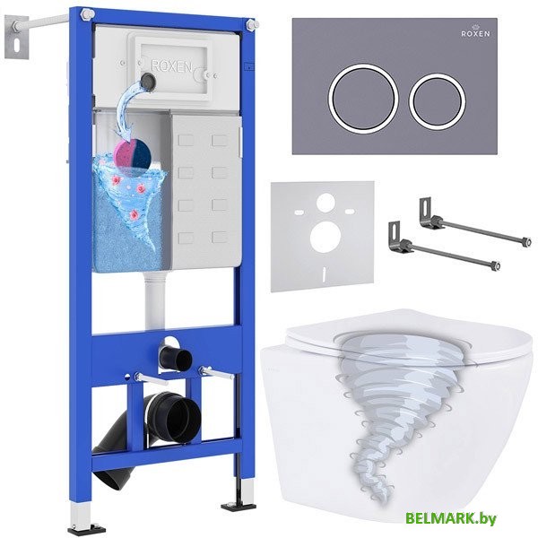 Унитаз подвесной Roxen Antares Tornado в комплекте с инсталляцией StounFix Dual Fresh 6 в 1 968349 (кнопка: серый бетон) - фото