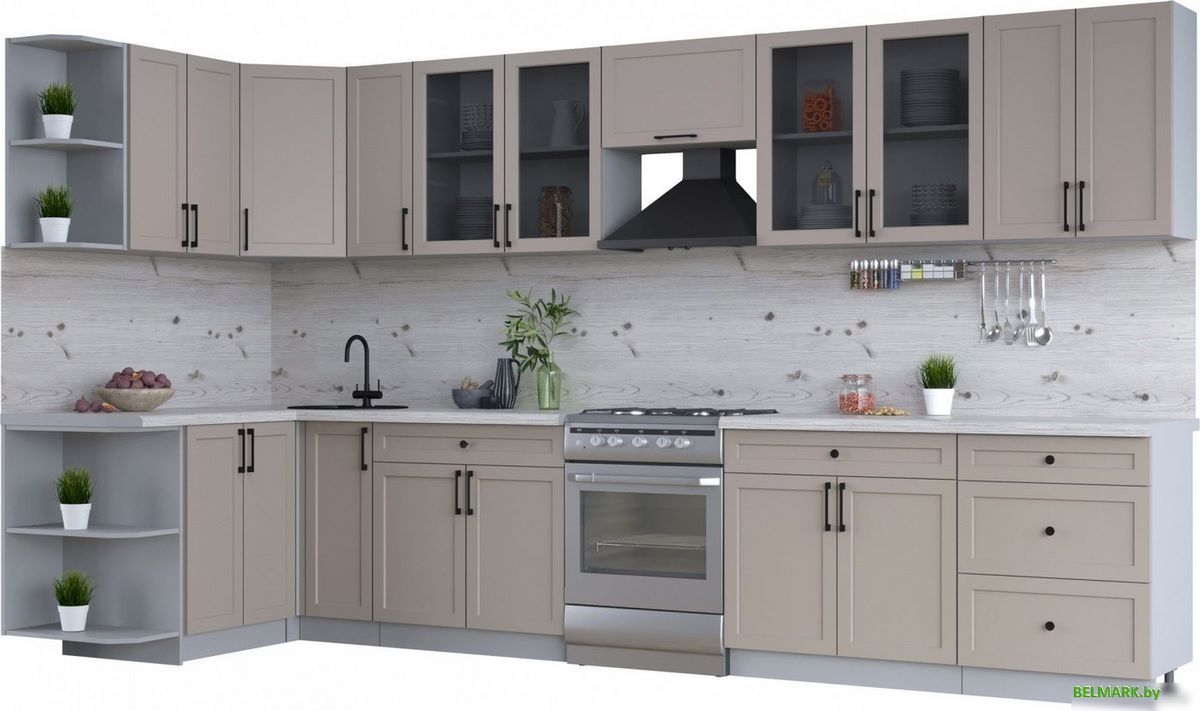 Готовая кухня Интерлиния Тренд 1.5x3.7 левая (луна/луна/бискайская сосна) - фото