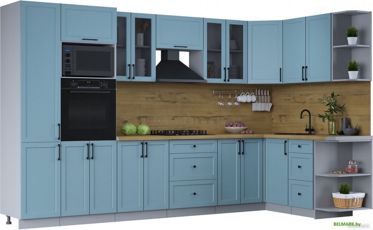 Готовая кухня Интерлиния Тренд 1.68x3.4 ВТ правая (океан/океан/дуб бунратти) - фото
