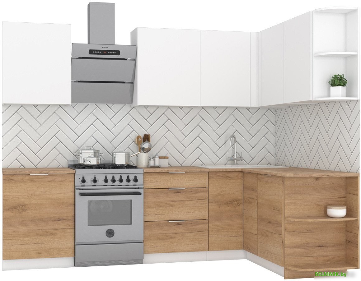 Готовая кухня Интермебель Микс Топ-16 2.1x1.6м правая (белый премиум/дуб крафт золотой/венато) - фото