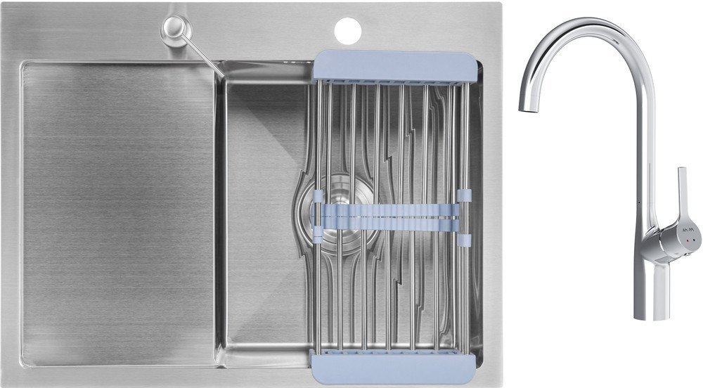 Кухонная мойка Saniteco 6550-R + Spike F9S07000 (хром, с сифоном, дозатором и коландером) - фото