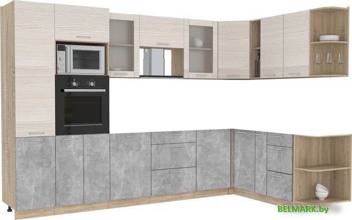 Готовая кухня Интерлиния Мила 1.88x3.2 правая без столешницы (вудлайн кремовый/бетон) - фото