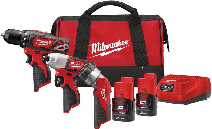 Milwaukee М12 ВPP3А-202B 4933441225 (шуруповерт, винтоверт, фонарь, 2 АКБ, сумка) - фото
