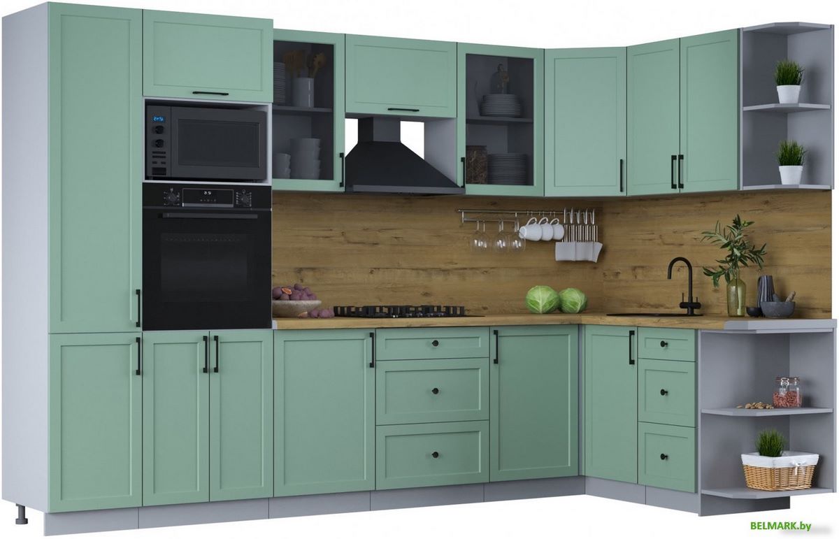 Готовая кухня Интерлиния Тренд 1.68x3.2 ВТ правая (мята/мята/дуб бунратти) - фото